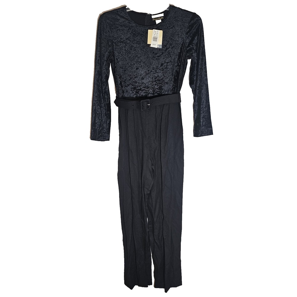 Vintage Dana Scott Jumpsuit Womens 7/8 Black Velvet Belted Long Sleeve Pants 90s